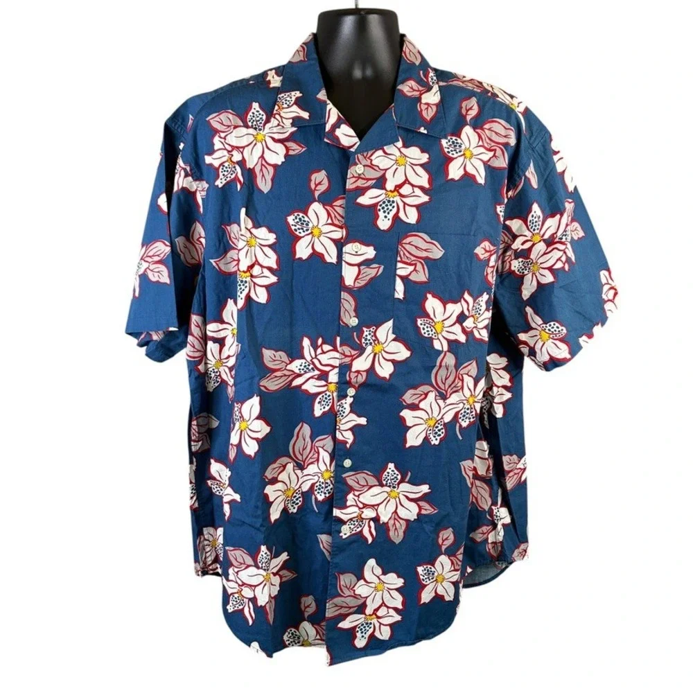 Banana Republic Mens Blue Floral Cotton Short Sleeve Camp Hawaiian Shirt Large